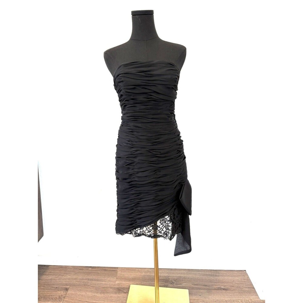 Victor Costa Strapless Black Dress Party Ruched Bow Lace Prom 1980s Vintage